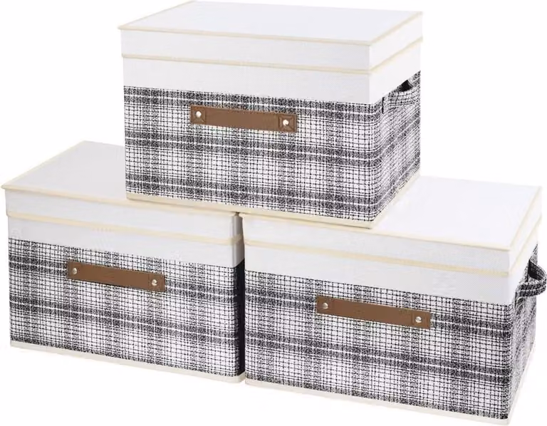 Scatola pieghevole con coperchio, tessuto, design patchwork, scatola portaoggetti, 3 pezzi, grigio 38x25x25 cm