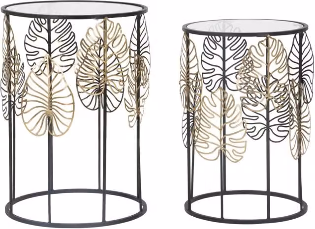 Coppia di tavolini rotondi Foglie Glam vikasa_home in ferro e vetro nero e gold, Diametro: 38 cm, Altezza: 55 cm e Diametro: 33 cm, Altezza: 50 cm
