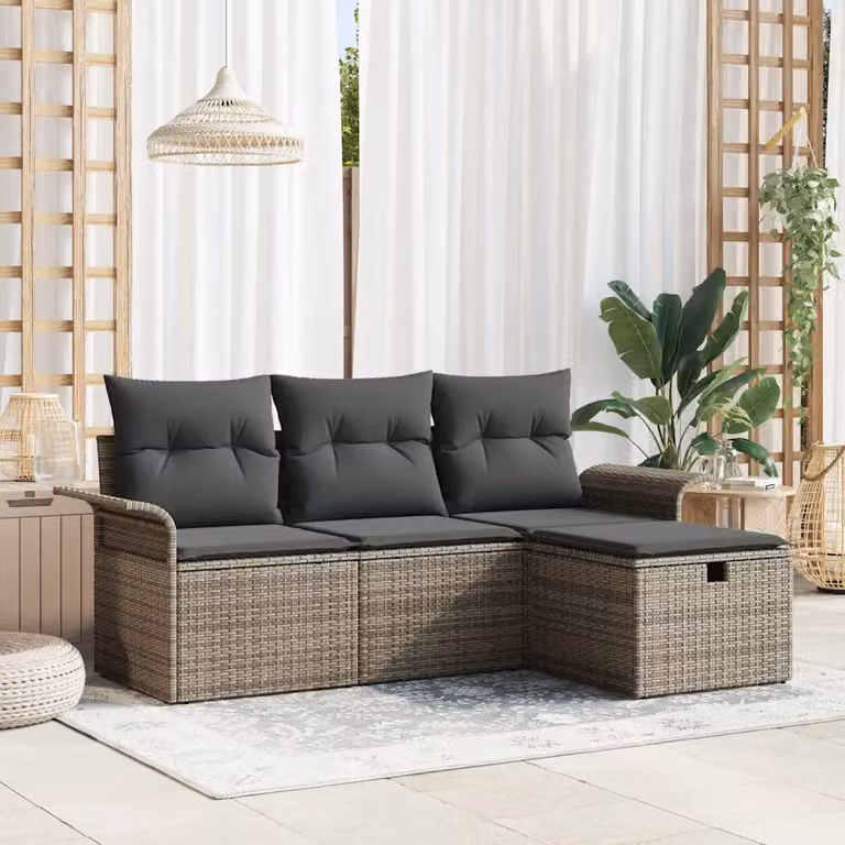 Set Divano da Giardino a L vidaXL in Polyrattan Grigio con Cuscini e Ottoman