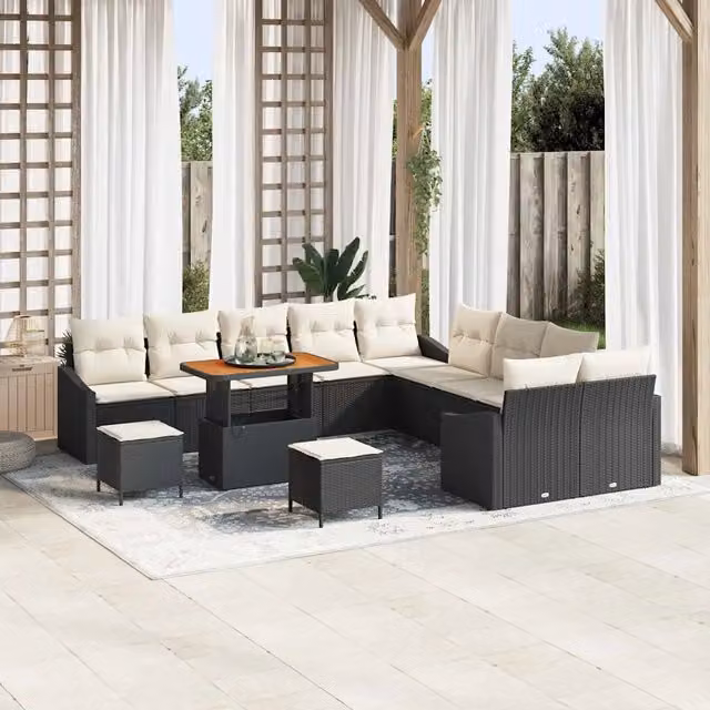 Set Divano da Giardino Moderno vidaXL in Polyrattan Nero con Legno di Acacia 13 pz – 1