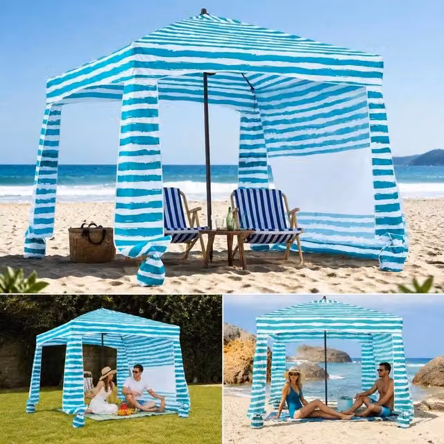 Beach Cabana 183 X 183 Cm Beach Canopy With Side Wall, UPF 50+ Sun Protection, Beach Pavilion With Sandbags, Portable Sunshade Parasol For Family, Green Stripes
