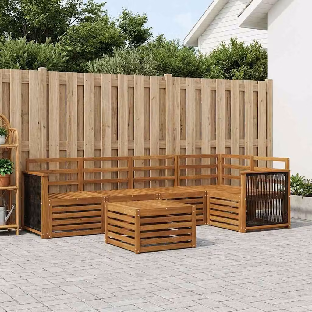 Set di divani da esterno vidaXL in legno di acacia massello 6 pezzi con tavolino, colore marrone e bianco, design moderno a L per giardino e terrazza