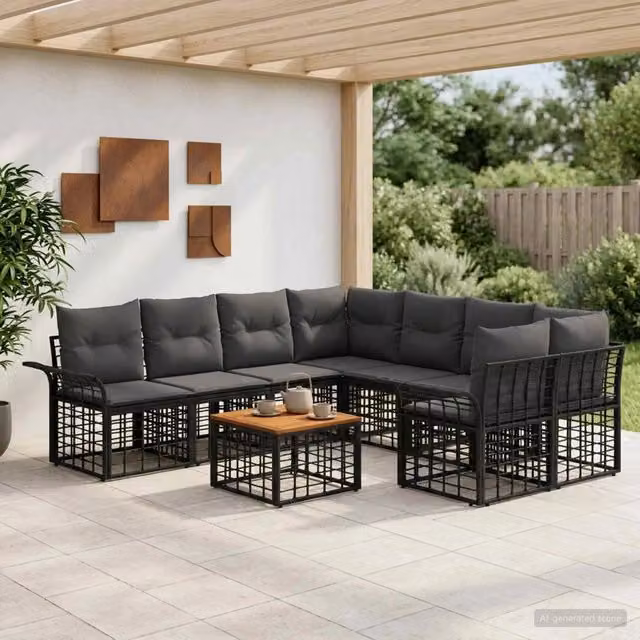 Set di divani da esterno 9 pz Nero e Grigio scuro polyrattan 3437653