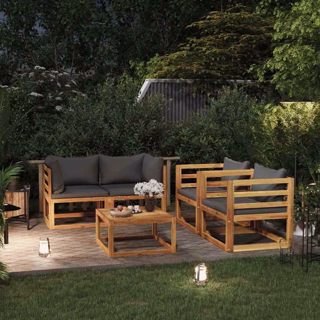 Set di divani da giardino vidaXL in legno di acacia con cuscini grigi, composizione a L con tavolino e poltrone, 5 pezzi – 1
