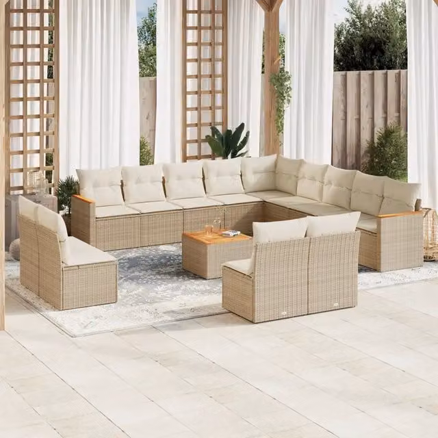 Set di Divani da Giardino a L vidaXL in Polyrattan Beige con Cuscini e Tavolino da Esterno