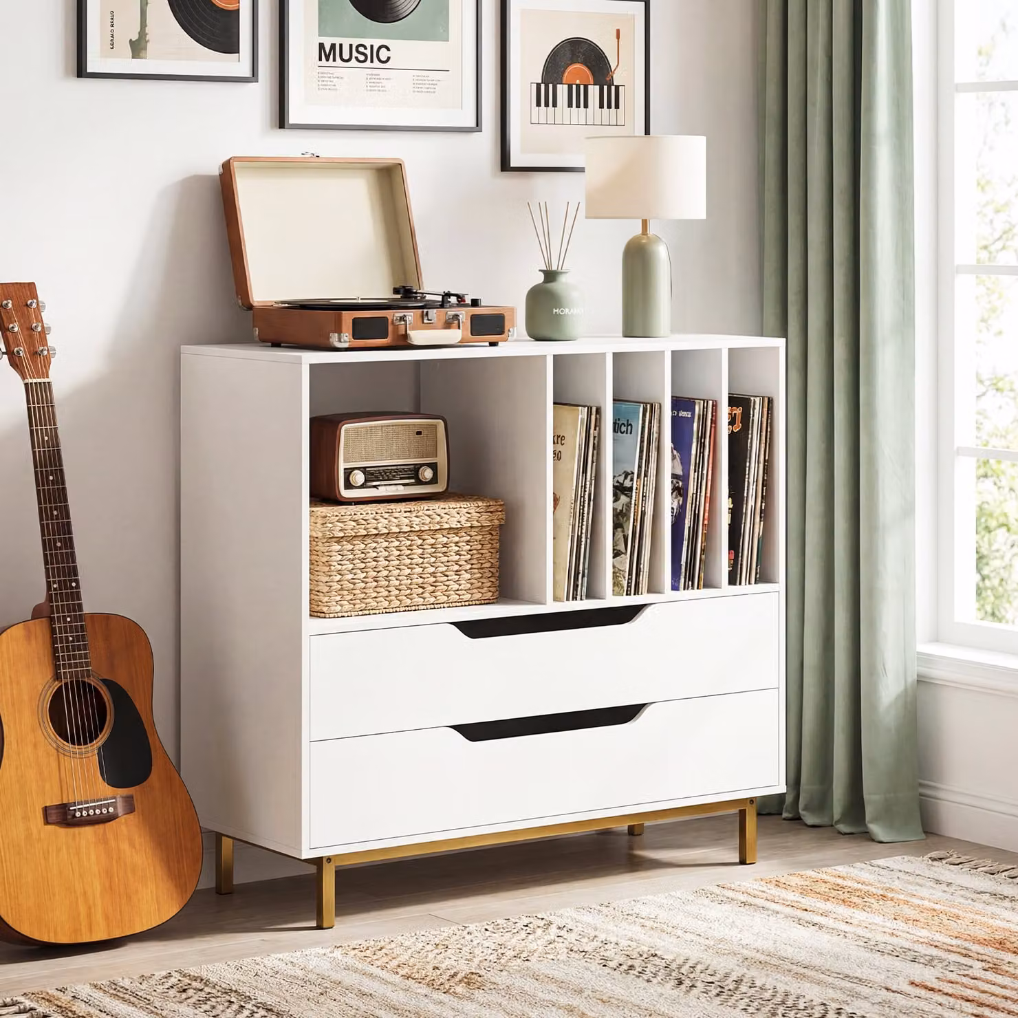 Supporto per giradischi Costway in stile mid-century con 4 ripiani per vinili e 2 cassetti, colore bianco