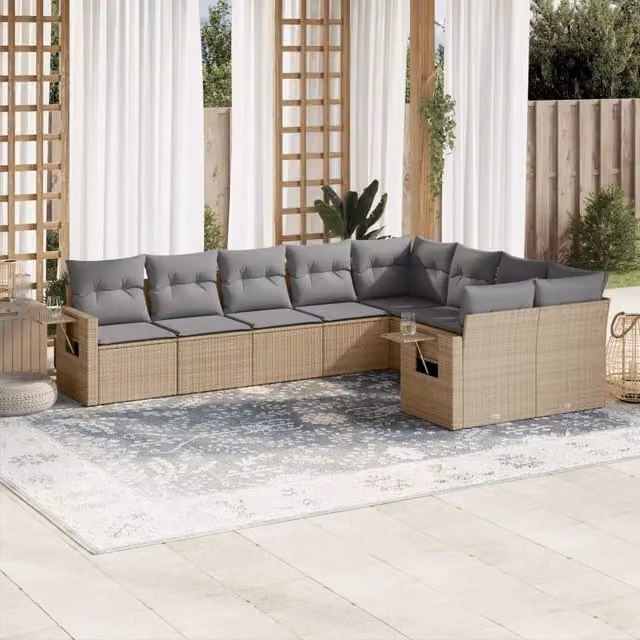 Set Divano da Giardino a L VIDAXL in Polyrattan Beige con 9 Cuscini Moderno