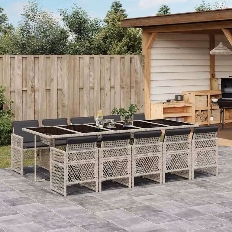 Set da pranzo da giardino vidaXL in 11 pezzi in polyrattan con cuscini grigio antracite e tavolo in vetro