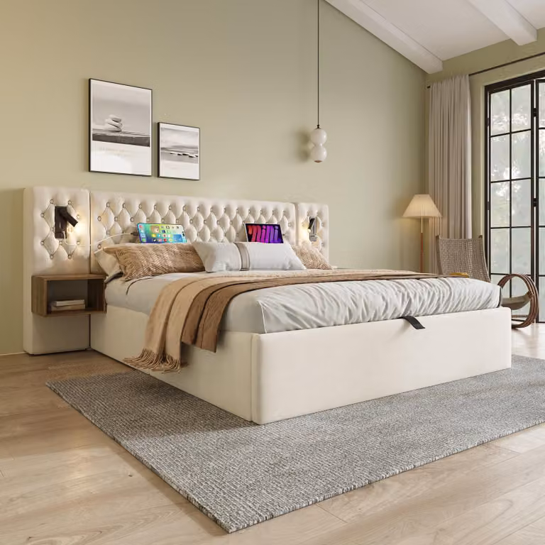 Letto imbottito STILVORA 160 x 200 cm matrimoniale con connessione di ricarica USB e luce di lettura, letto contenitore idraulico con comodini e cassettiera, beige (senza materasso)
