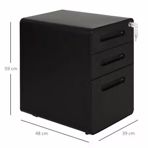 Cassettiera da ufficio WISHDOR in acciaio nero con 3 cassetti, serratura e rotelle omnidirezionali – 2