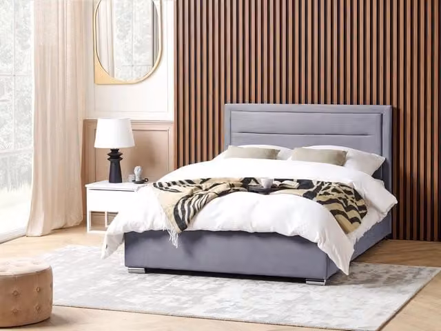 Letto matrimoniale Beliani in velluto grigio con contenitore e design moderno, L/P/H: 140 x 200 x 111 cm