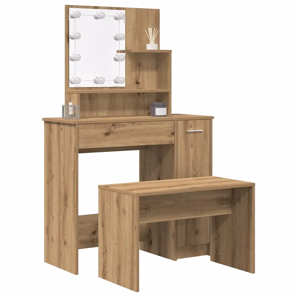 Set Tavolo da Toeletta con LED vidaXL in Legno Antico Marrone