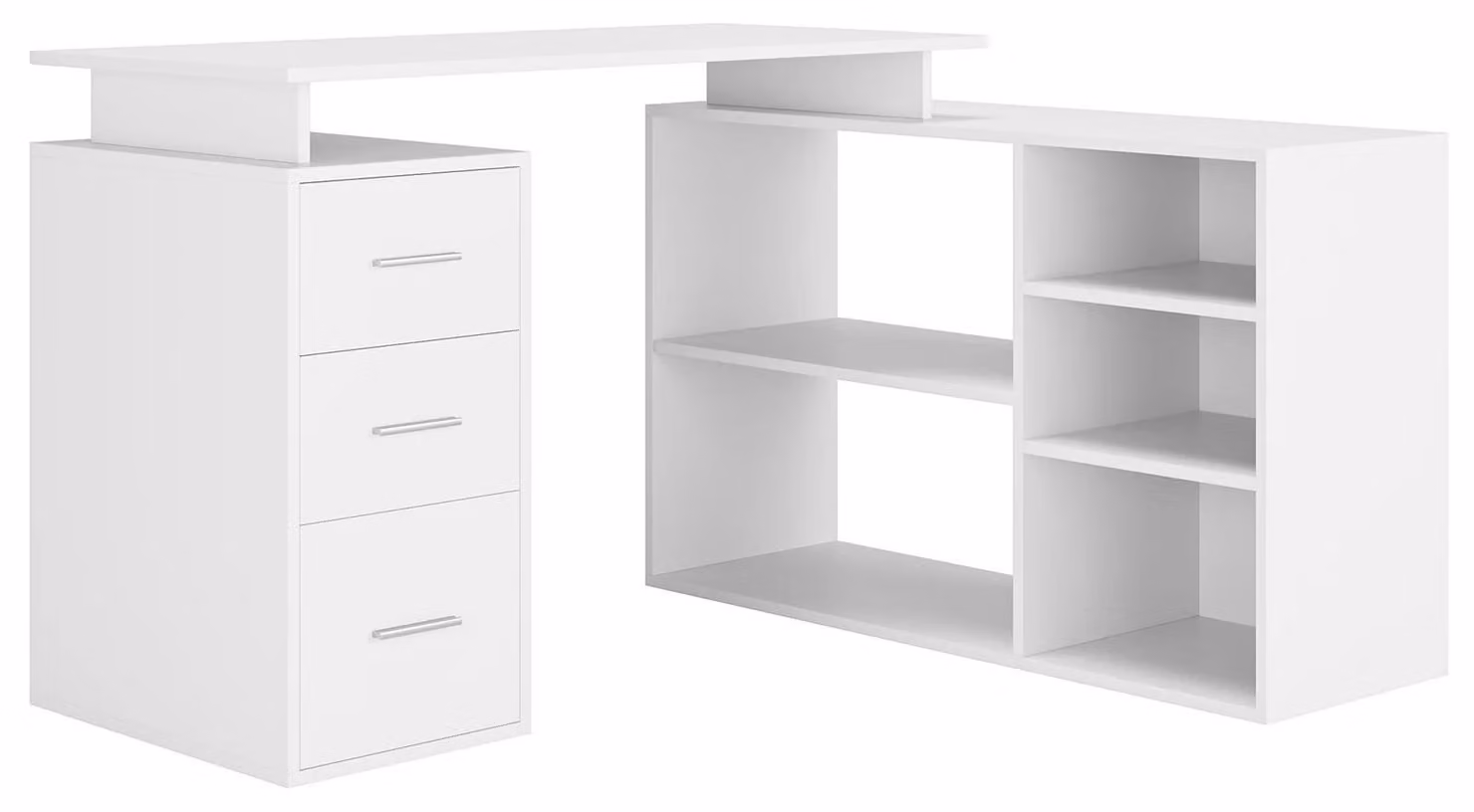 Scrivania angolare - Scrivania da ufficio a L - Con cassetti e ripiani - 129x104x76 cm - Legno - Bianco