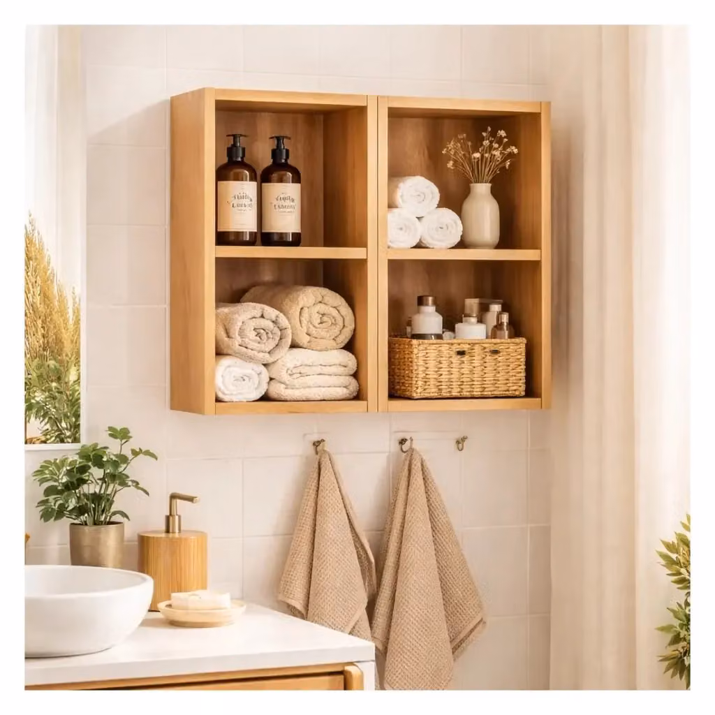 Mobile da bagno sospeso Meublorama in rovere marrone con nicchie aperte e ripiani interni, Larghezza: 60 cm – 2