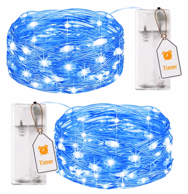 Catena luminosa da 2 metri, con 20 LED blu, filo argentato, timer integrato, alimentazione a batteria, confezione da 2 pezzi