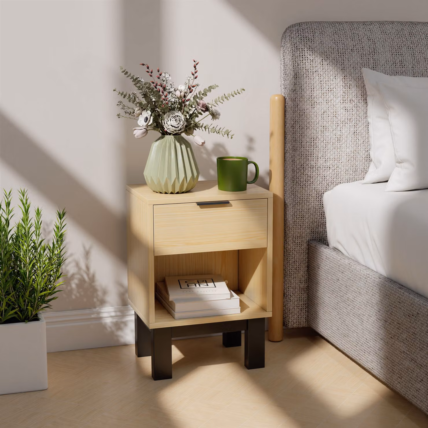 Comodino HOMCOM con cassetto e vano aperto per camera da letto e soggiorno, colore rovere, L 35 cm x P 26 cm x H 50 cm – 2