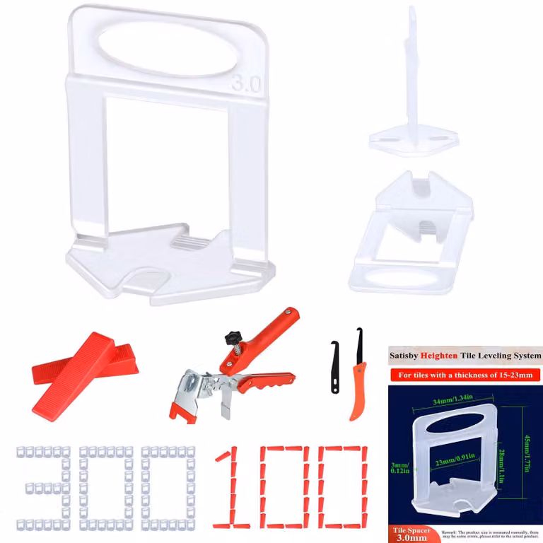 Sistema di livellamento per piastrelle - 3 mm - 300 distanziali - 100 cunei - Per piastrelle da 20 mm