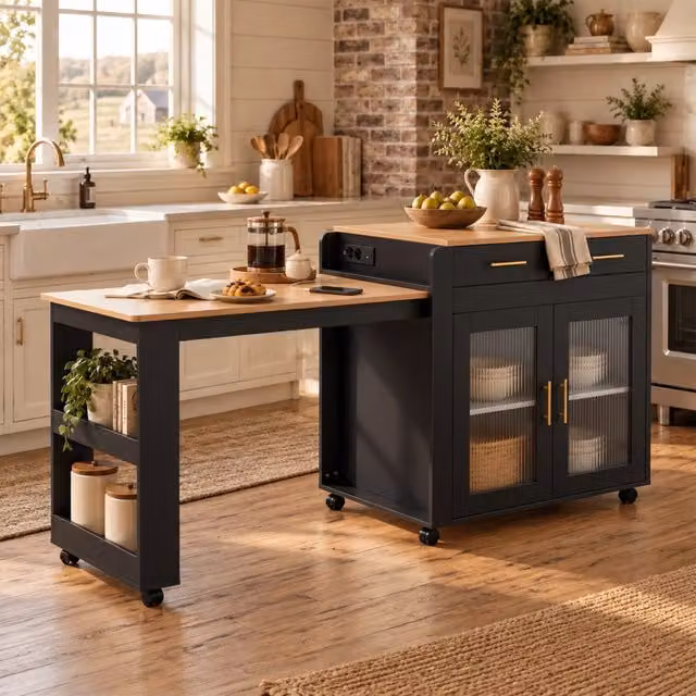 Isola cucina con tavolo estraibile 177 x 60 x 89,5 cm in particelle di legno e vetro con prese USB