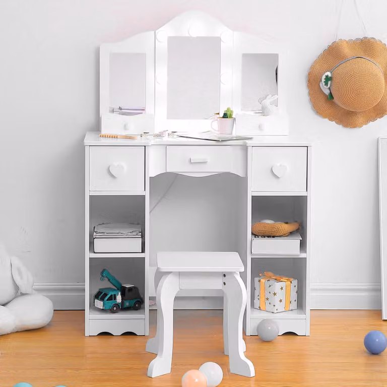 Toeletta per bambine - Tavolino da toeletta per bambini - Specchio con luce - Sgabello e cassetto - 2 in 1 - Struttura in metallo - Rosso