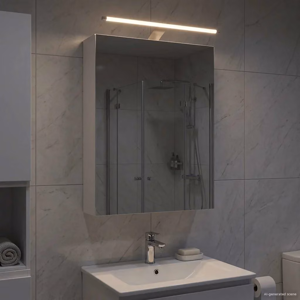 Armadio da bagno con specchio e illuminazione LED vidaXL, Bianco lucido, L 50 x P 14,5 x H 70 cm – 2