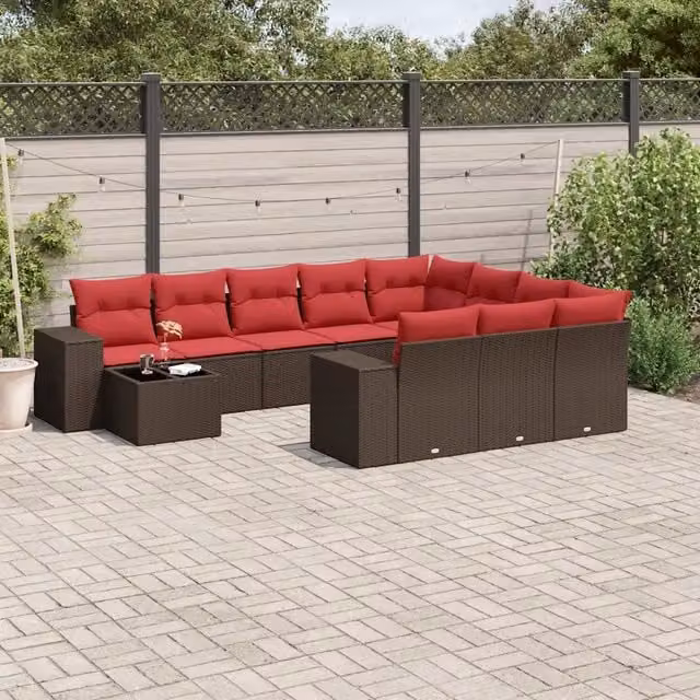 Set di divani da giardino vidaXL in polyrattan marrone con cuscini e tavolino da esterno a forma di U – 1