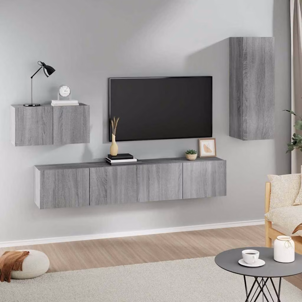 vidaXL Set di Mobili Porta TV da Soggiorno 4 Pezzi Grigio in Legno e MDF con Supporto a Parete – 1