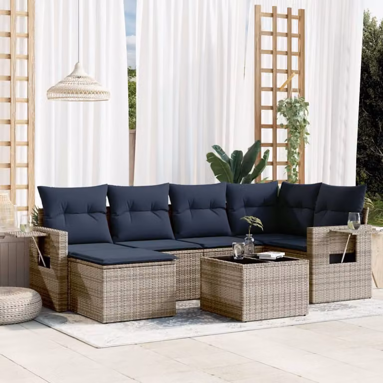 Set di divani da giardino vidaXL in polyrattan grigio con 7 pezzi, compresi cuscini e tavolino da esterno