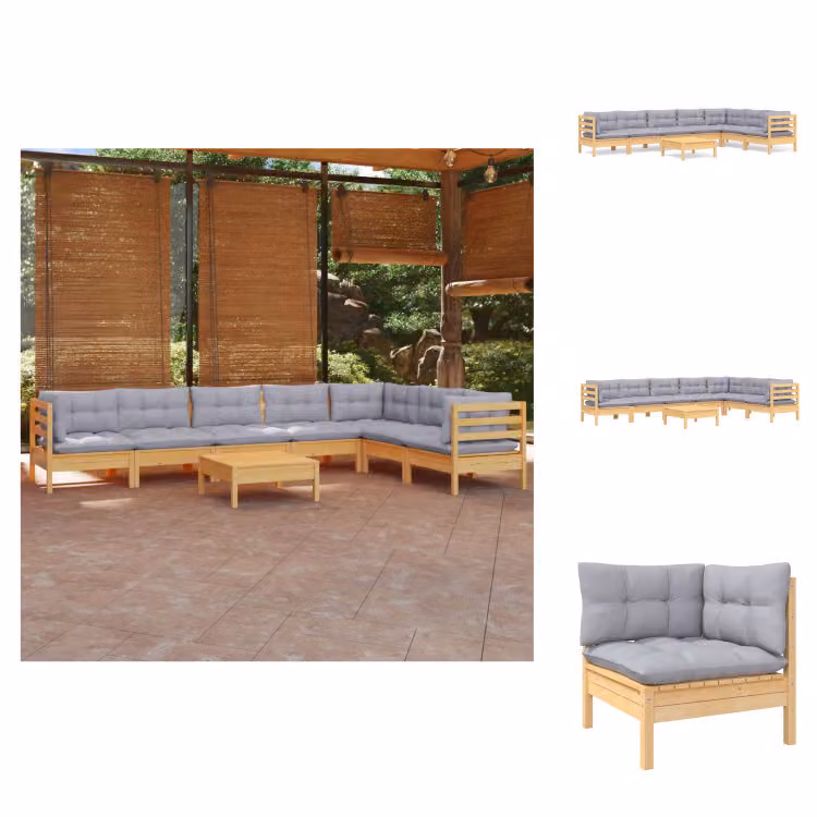 vidaXL Set di 8 pezzi da giardino con cuscini grigi in pino massiccio - Set di mobili da giardino