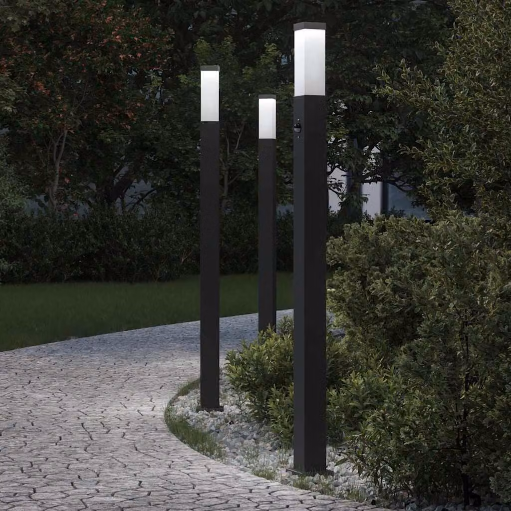 Set di 3 lampioni a paletto vidaXL con sensore di movimento, colore nero, IP44, Altezza: 110 cm