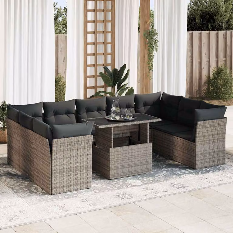 Set Divano da Giardino vidaXL 10 pz in Polyrattan Grigio con Cuscini