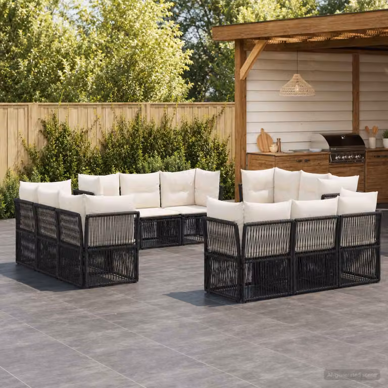 Set Divano da Giardino vidaXL a forma a U in Polyrattan Nero con Cuscini e Struttura in Acciaio