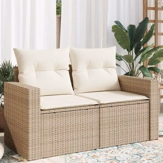 Divano da giardino a 2 posti Design Mania in polyrattan beige con cuscini inclusi L: 131 cm, P: 69 cm, H: 62 cm