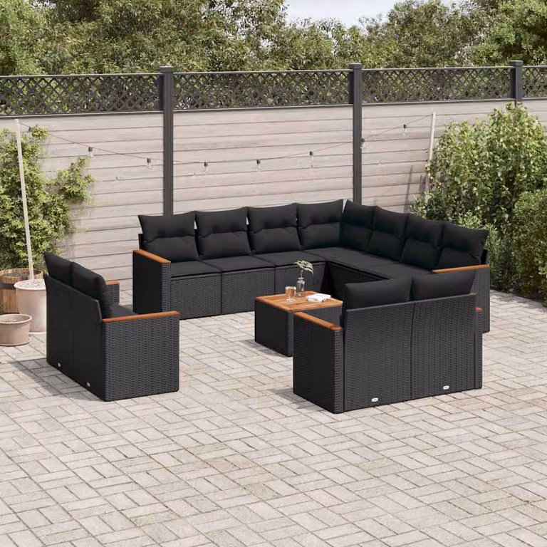 vidaXL Set Divani da Giardino a Forma di U in Polyrattan Nero con Cuscini e Tavolino da Caffè