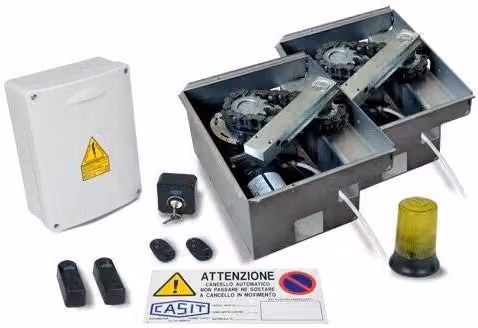 Kit di automazione per cancelli a battente a 2 ante Casit Int4irr K/0061 in acciaio grigio e arancione con installazione interrata