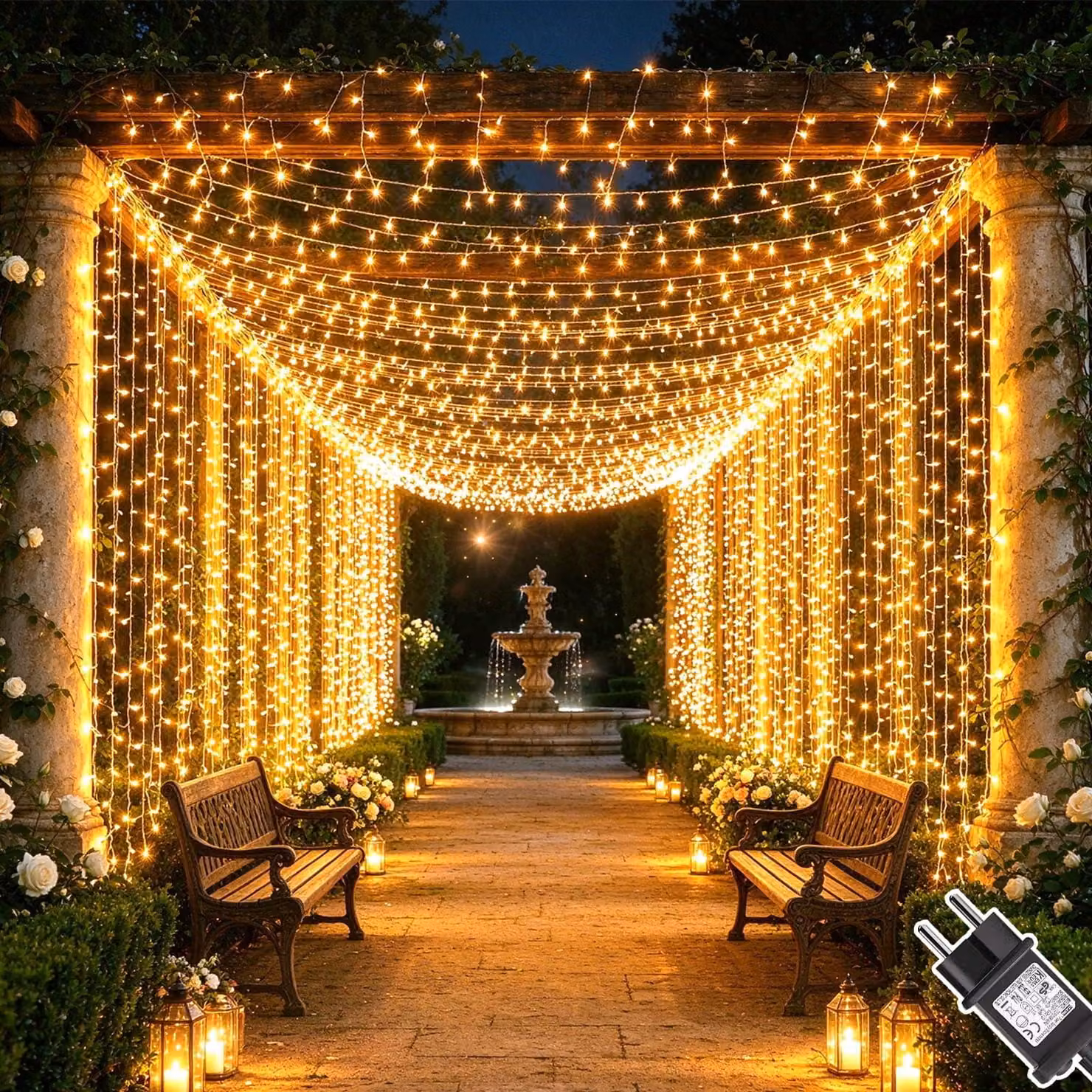 Tenda luminosa a luce calda - 600 LED, 6 metri di larghezza, 3 metri di altezza - Impermeabile IP65