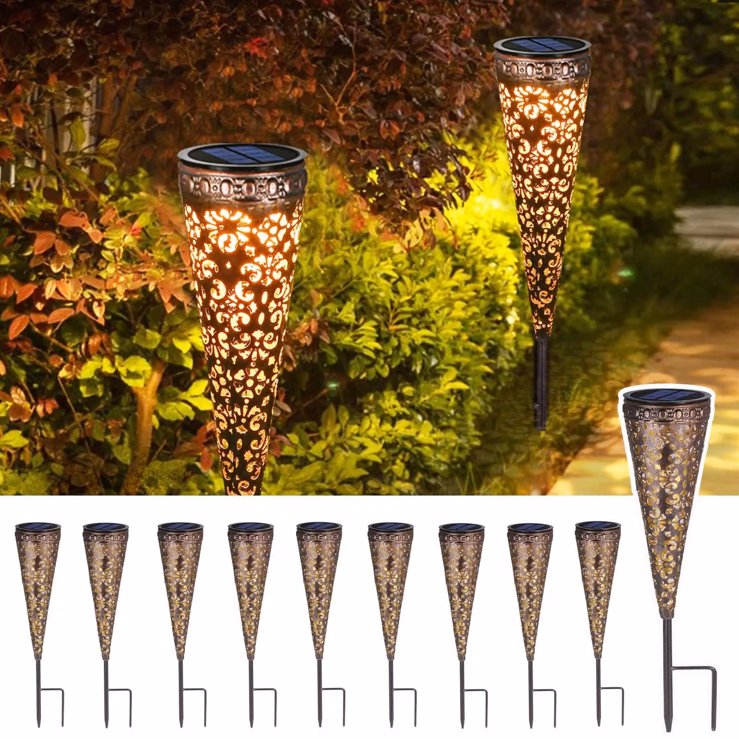 10 luci da giardino solari, grado di protezione IP65, in metallo, luce bianco caldo, autonomia 8-10 ore