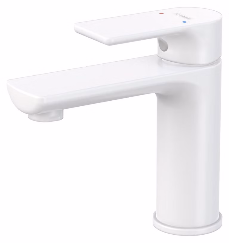 Miscelatore per lavabo, in ottone, finitura bianco opaco, monoblocco, con cartuccia in Vetroceramica da 35 mm