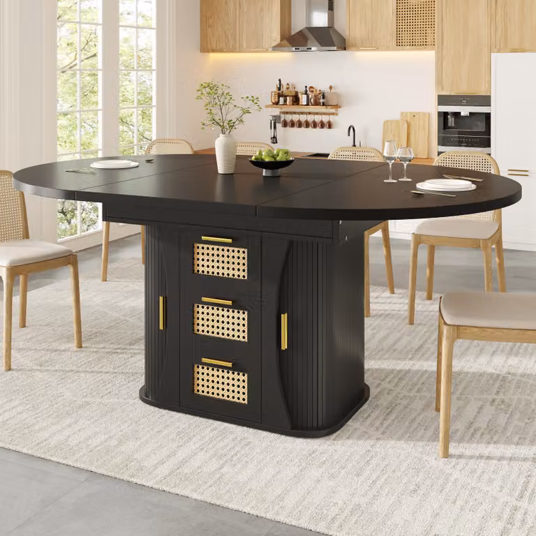 Flieks Tavolo da pranzo allungabile con vano portaoggetti integrato e finitura effetto rattan, tavolo da cucina, tavolo da pranzo 118-158 x 118 x 77,1 cm, nero