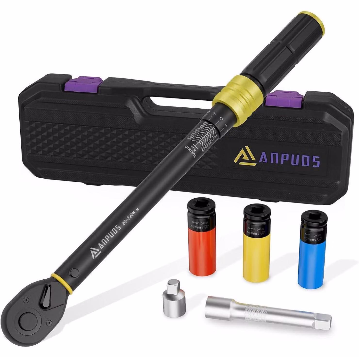 Set di chiavi dinamometriche da 1/2", 20-220 Nm, 6 pezzi, con prolunga e adattatori, per auto/moto