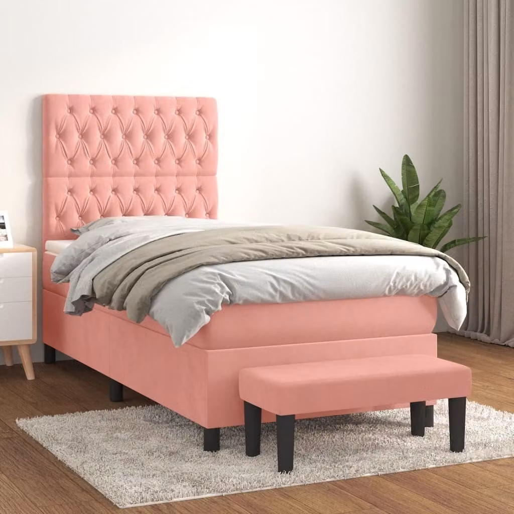 The Living Store Letto a molle con materasso Rosa 100x200 cm Velluto