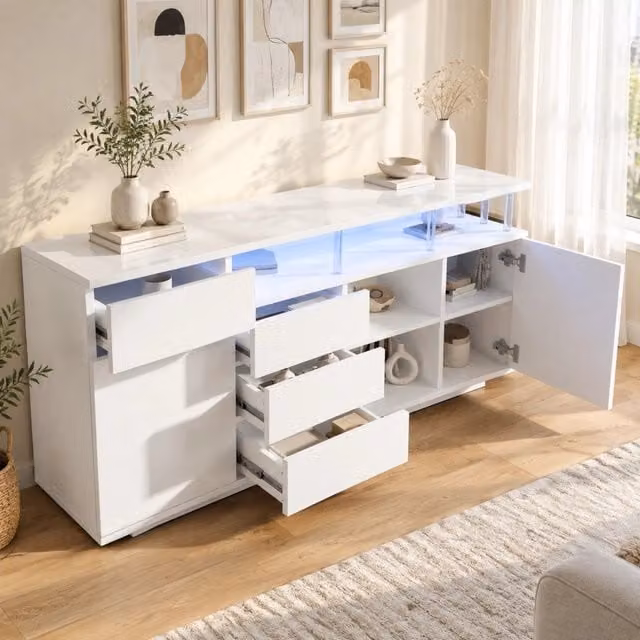 Credenza 160x40x75 cm bianca in MDF con LED, 4 cassetti e 2 ante