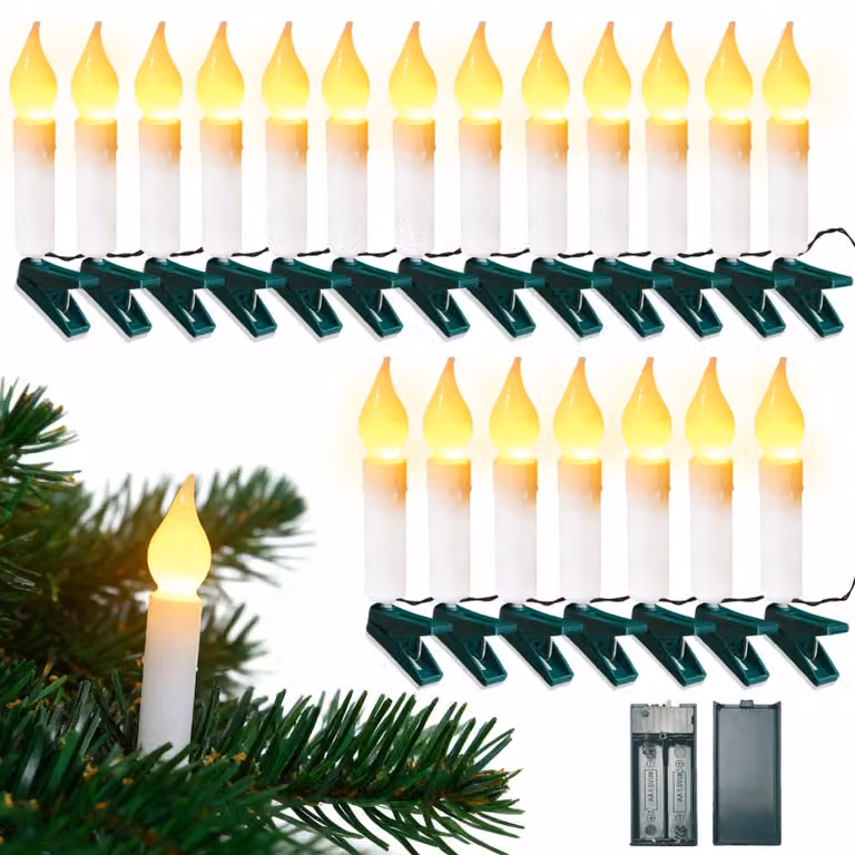 Catena luminosa a LED, 2 metri, 20 lampadine a forma di candela con luce calda, timer, clip