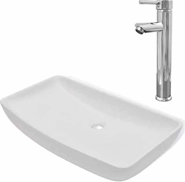 Lavello da bagno rettangolare in ceramica bianca con miscelatore argento DESIGN IN da appoggio L: 71,0 cm, P: 38,0 cm, H: 13,5 cm