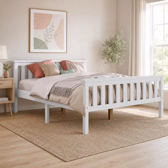 Letto matrimoniale MODFU in legno di pino e MDF bianco L/P/H: 140 x 200 x 82 cm