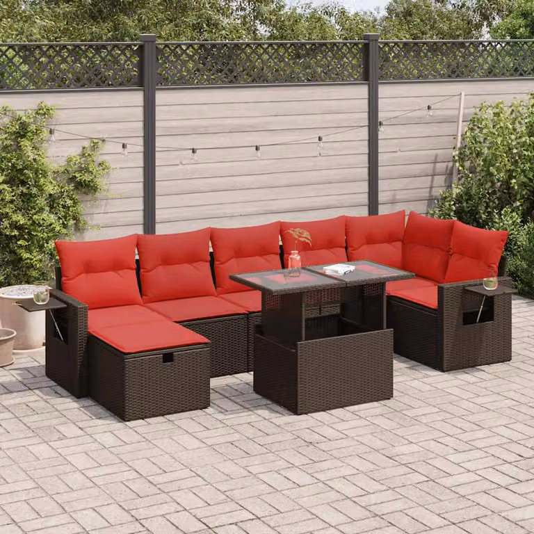 Set Divani da Giardino vidaXL a Forma di L con Cuscini e Tavolino, Polyrattan e Legno di Acacia, Marrone