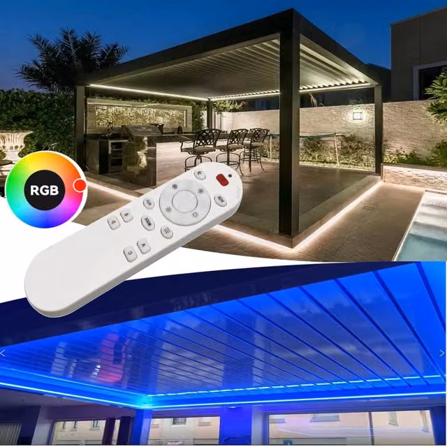 Pergola bioclimatica motorizzata con apertura lamelle e impianto LED RGB in alluminio e WPC, colore Antracite, L: 6 m, P: 4 m – 1