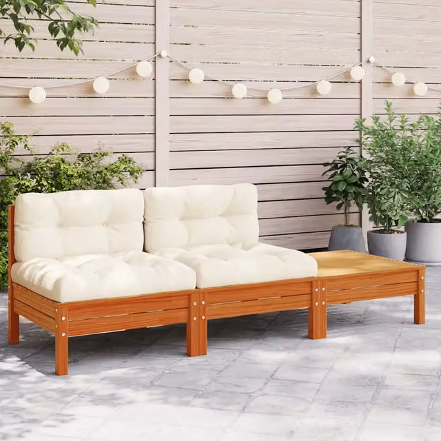 Divano da Giardino vidaXL a 2 Posti con Cuscini e Poggiapiedi in Legno di Pino Trattato, Colore Marrone e Beige – 1