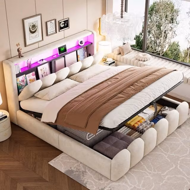 Letto contenitore 180 x 200 cm con LED e contenitore, letto matrimoniale con porte USB e Type-C, in velluto beige