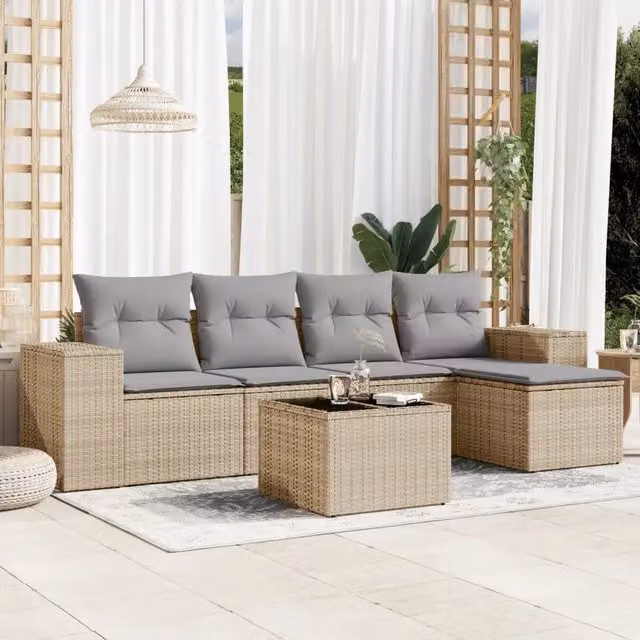 Set Divano da Giardino 6 pz con Cuscini Beige in Polyrattan 3222498