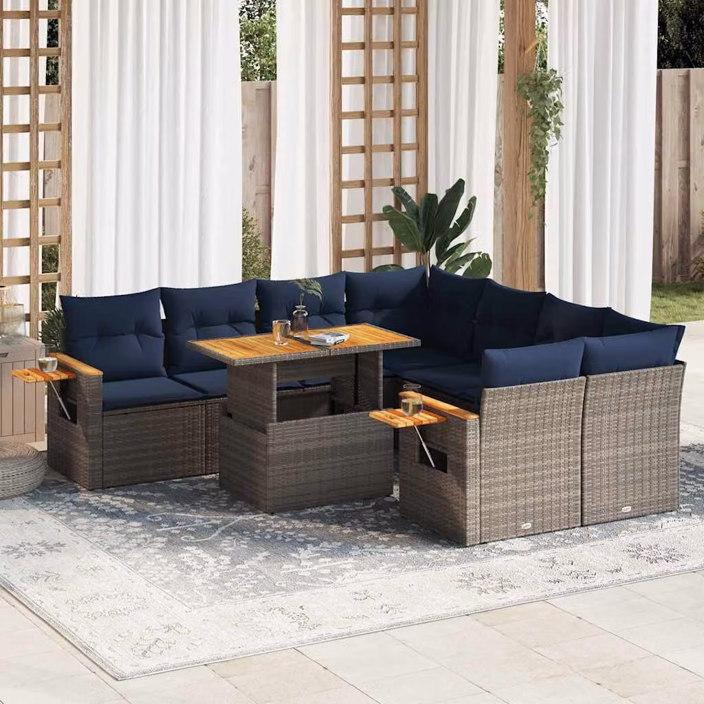 Set Divano da Giardino vidaXL 9 pz a Forma a L con Cuscini Grigio e Blu in Polyrattan e Acciaio